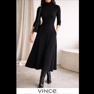 Vince Turtleneck Midi A Line Dress Medium Black Elbow Sleeve Minimalist